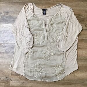 RXB Blouse Size XXL Top Boho Embroidered V-Neck 3/4 Long Sleeves Soft Knit Tan